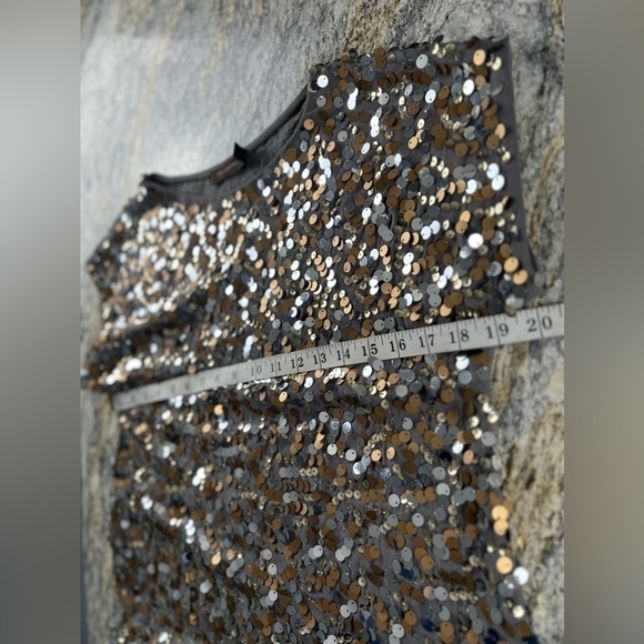 THE Limited Gold Silver Bronze Sequin Short Sleeve Gray Top Size XS - Picture 10 of 13